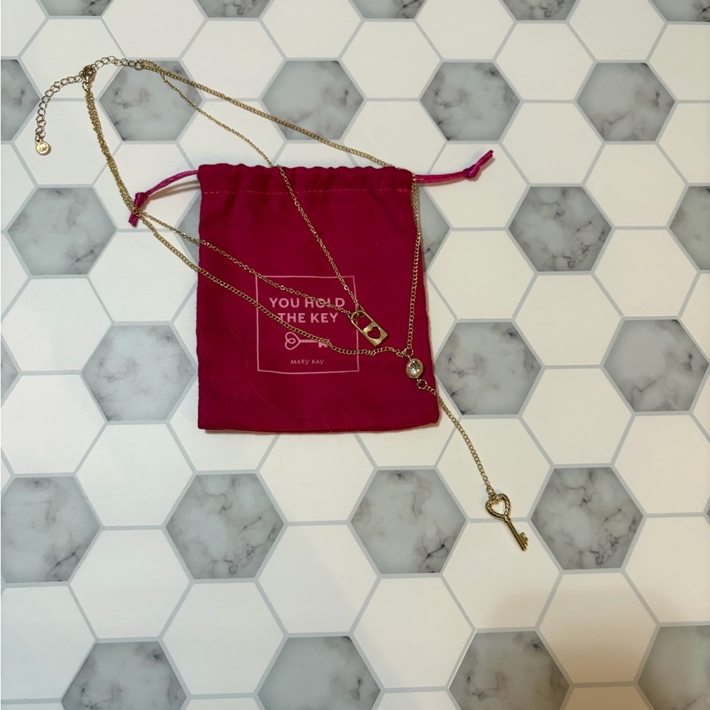 Gold Key Necklace with Pink Pouch